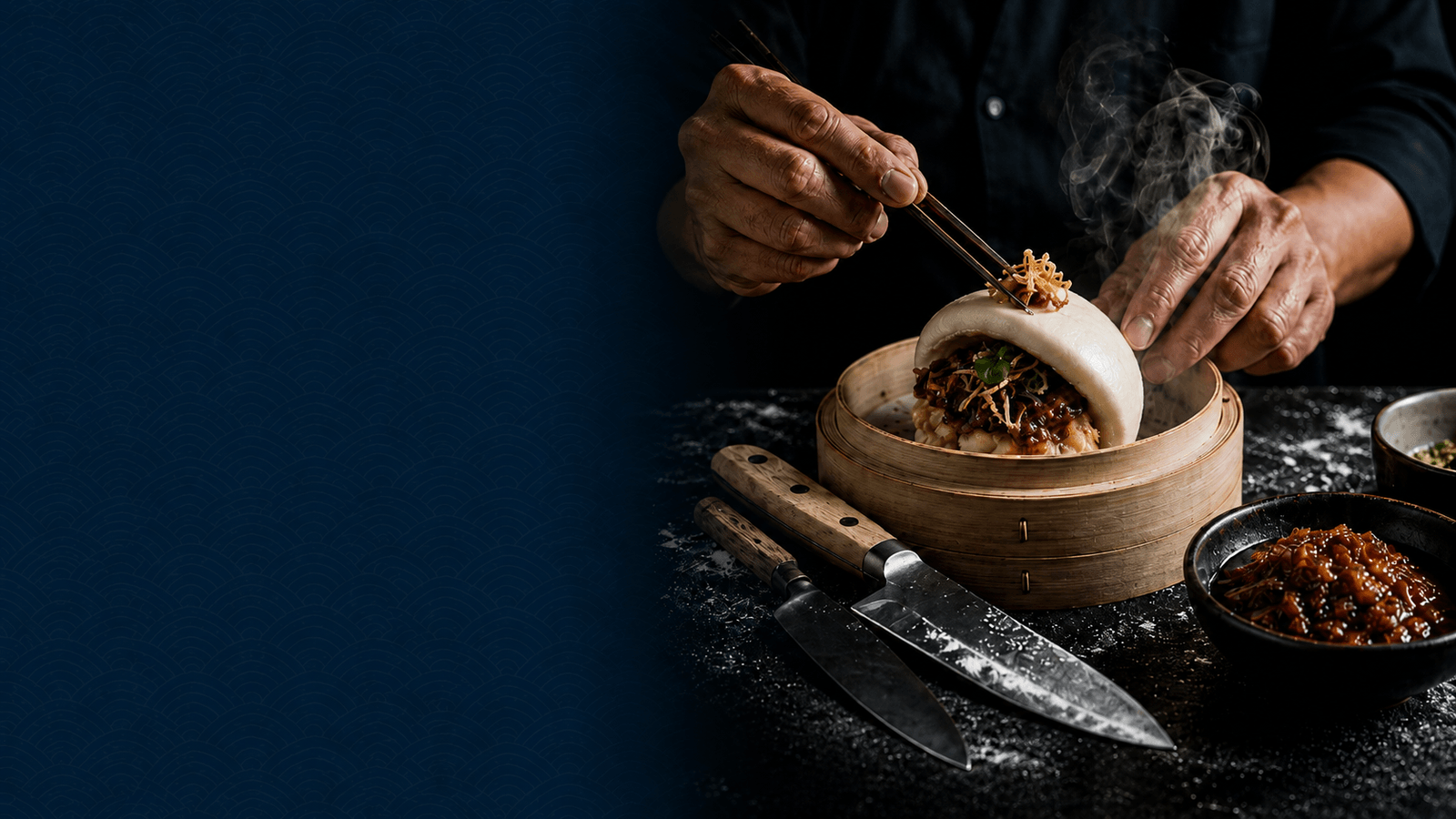 Chef preparando bao bun com pauzinhos · vapor de bambu · técnica asiática
